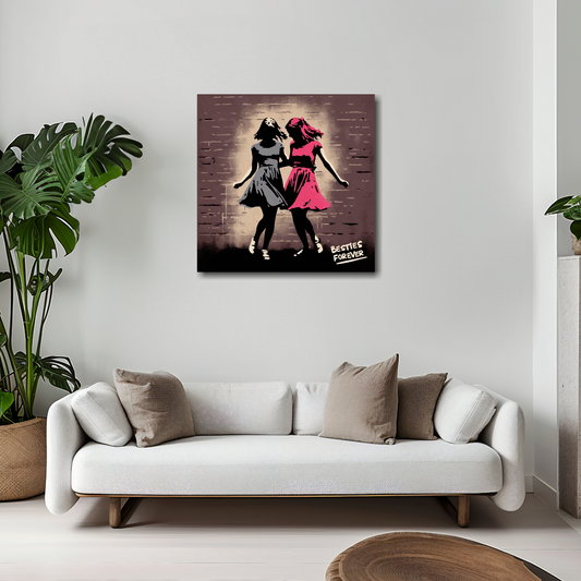 Besties forever canvas 20x20 inches above white sofa - vibrant friendship wall art UK