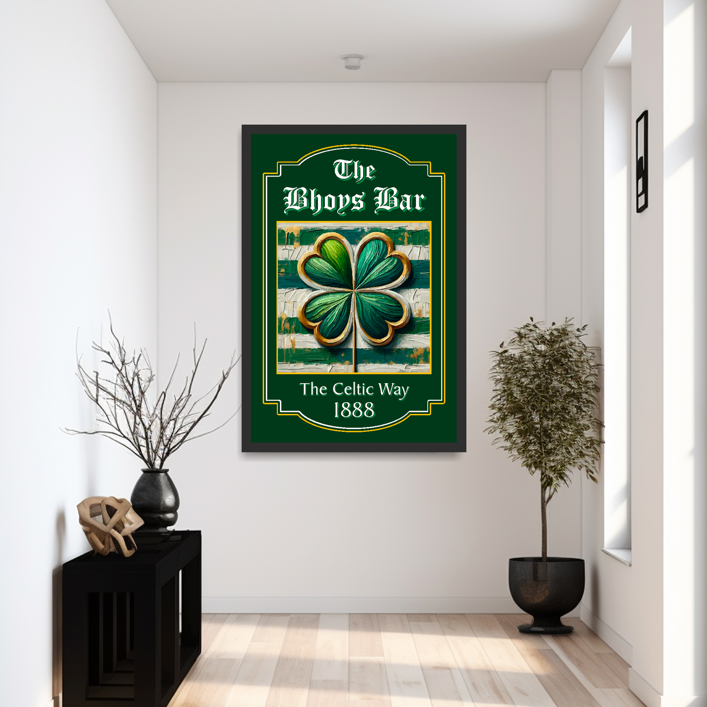 Celtic FC inspired framed pub sign for 'The Bhoys Bar' with a four-leaf clover design on a green background in a modern setting