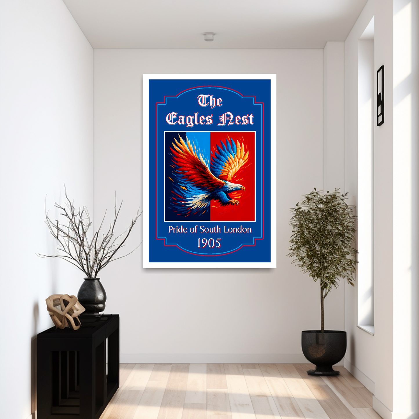 Crystal Palace inspired framed artwork of an eagle with text 'The Eagles Nest, Pride of South London 1905' on a white wall.