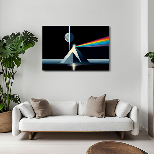 Dark side of the moon canvas 30x20 inches above white sofa - vibrant space wall art UK