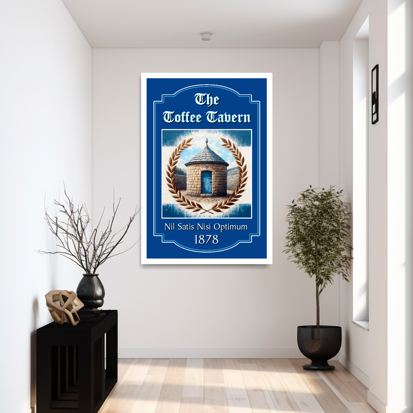 Everton FC large framed artwork of 'The Toffee Tavern' with illustration in a modern hallway setting
