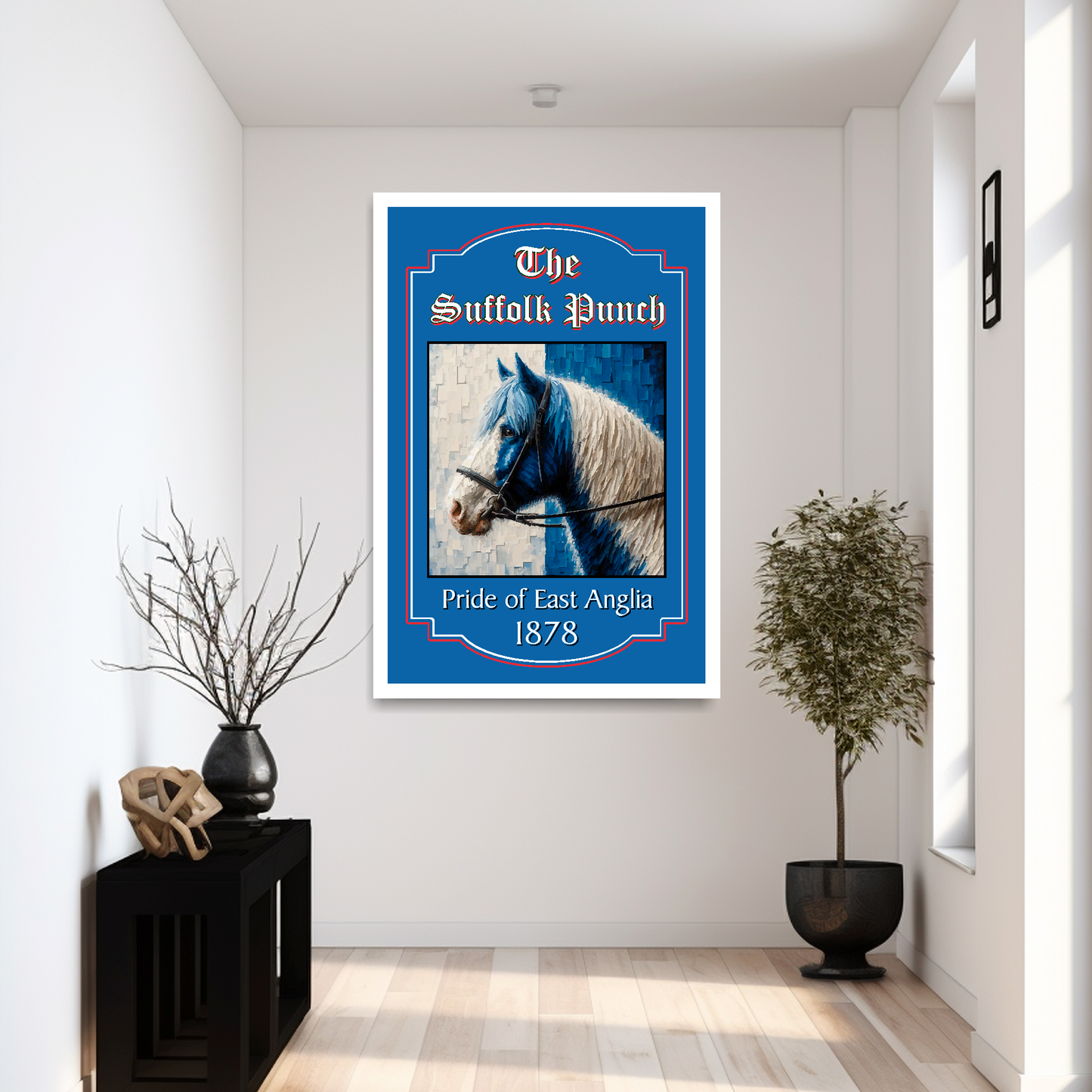 Ipswich Town Suffolk Punch horse framed artwork on a wall in a modern hallway