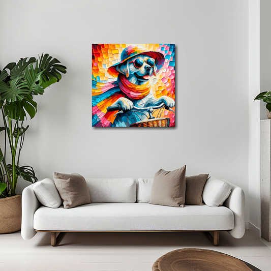 Lab on a bicycle canvas 20x20 inches above white sofa - vibrant whimsical wall art UK