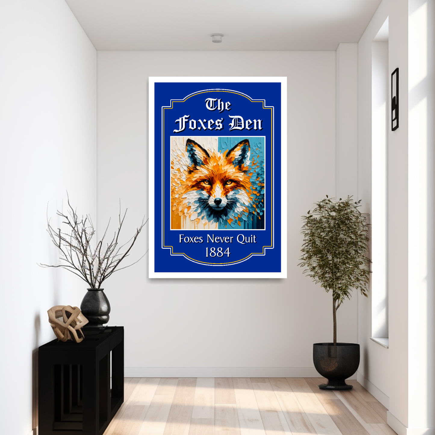 Leicester City framed pub sign of a fox with 'The Foxes Den' text mounted on a modern hallway wall