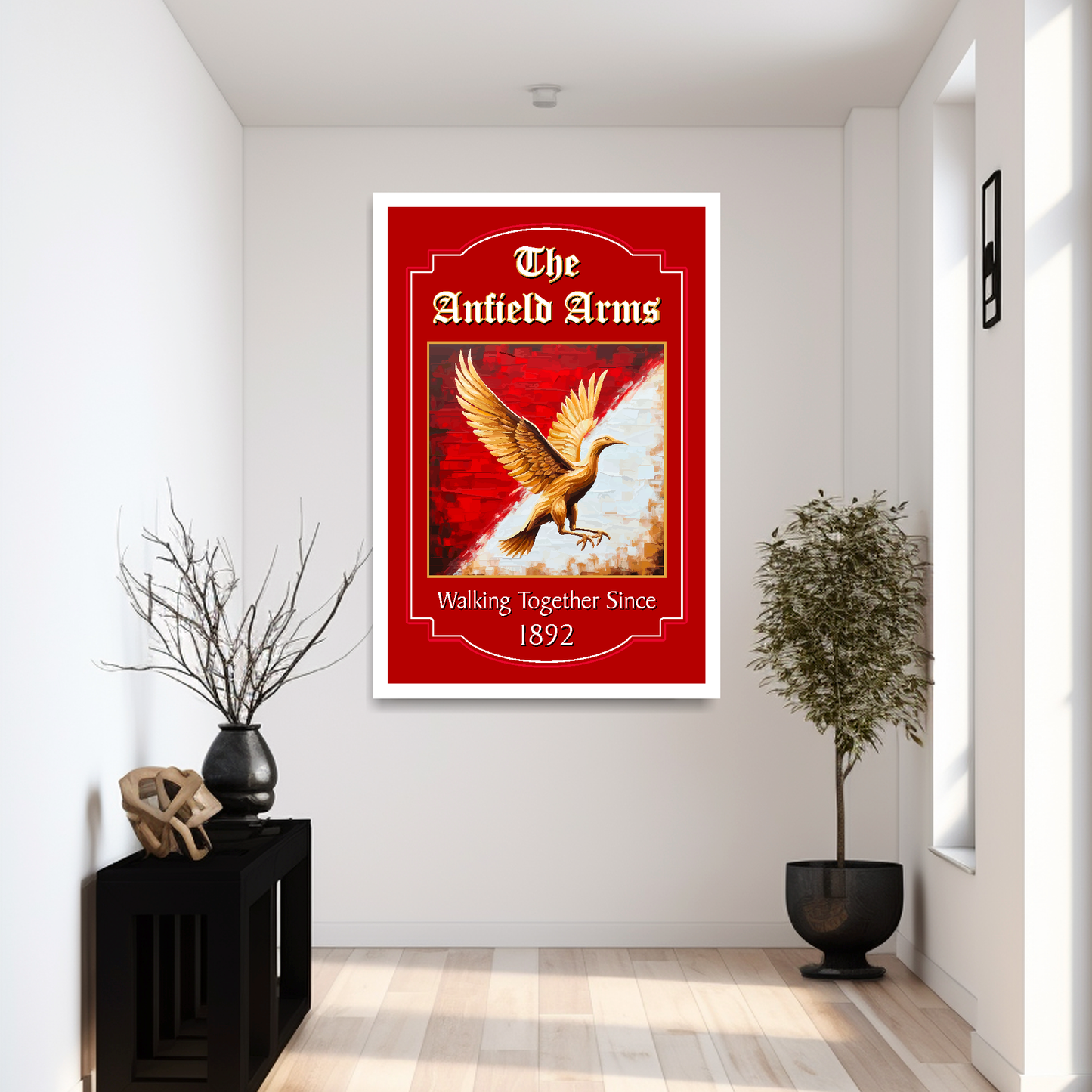 XL white framed Liverpool inspired pub sign, featuring a Liverbird, mounted in a modern hallway
