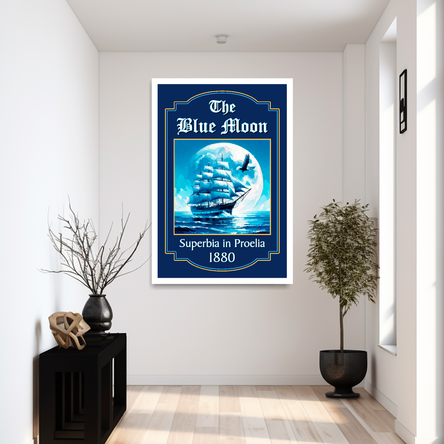 Man city inspired pub sign 'The Blue Moon' with a ship and moon illustration mounted in a white frame in a hallway