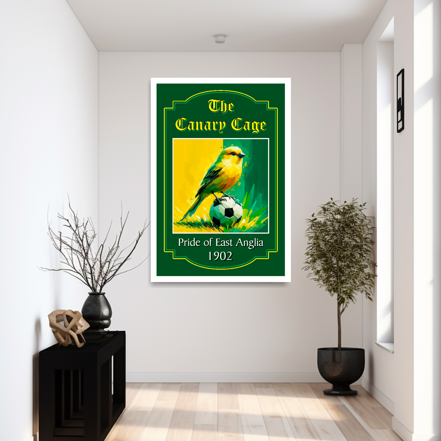 Large Norwich City FC art print, with a canary sitting on a football in yellow and green with a white frame