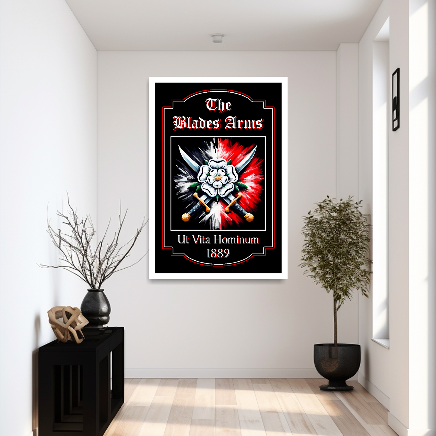 Sheffield United FC Pub Sign 'The Blades Arms' mounted in a extra large white wooden frame on a hallway wall