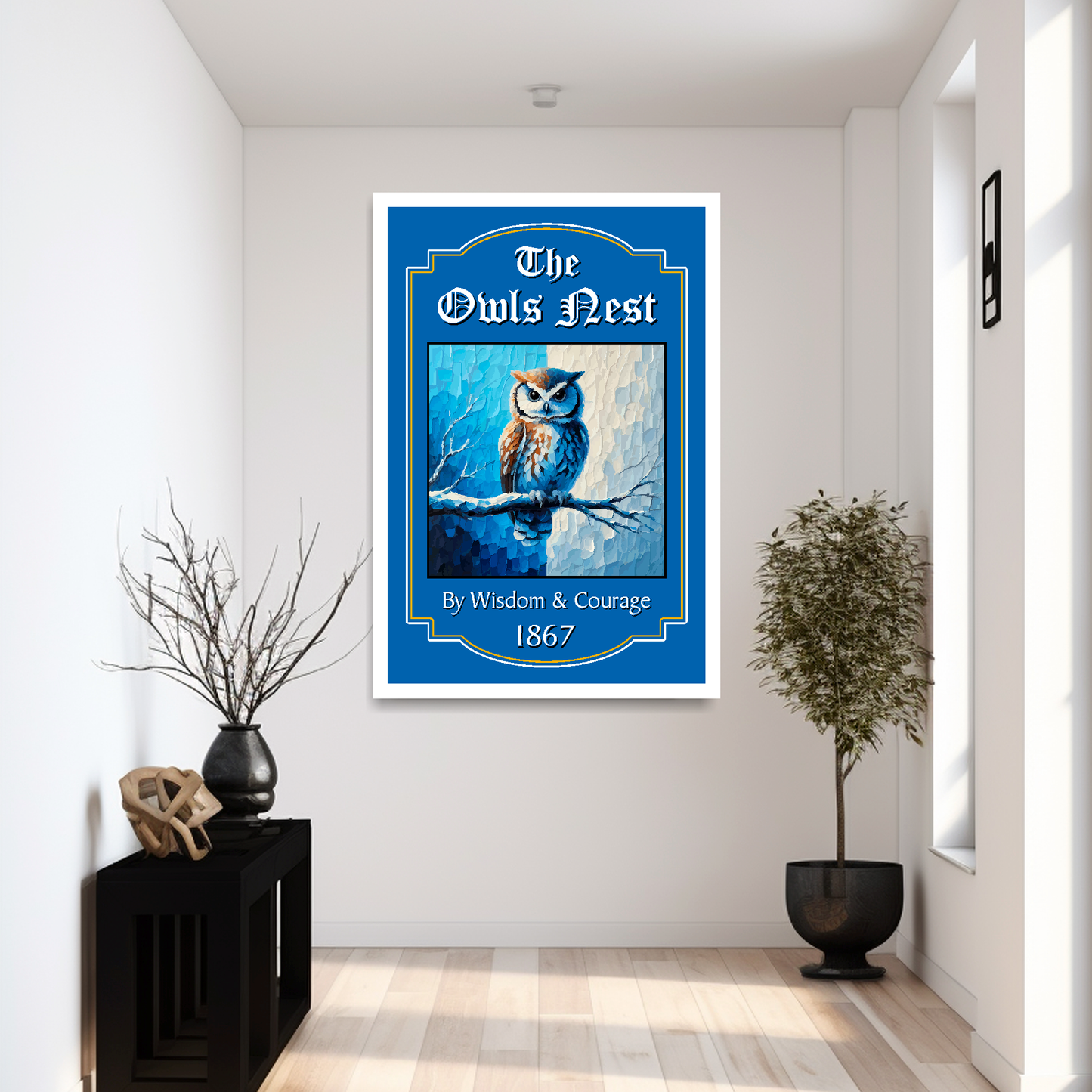 Sheffield Wednesday FC Pub Sign 'The Owls Nest' mounted in a extra large white frame on a reception wall