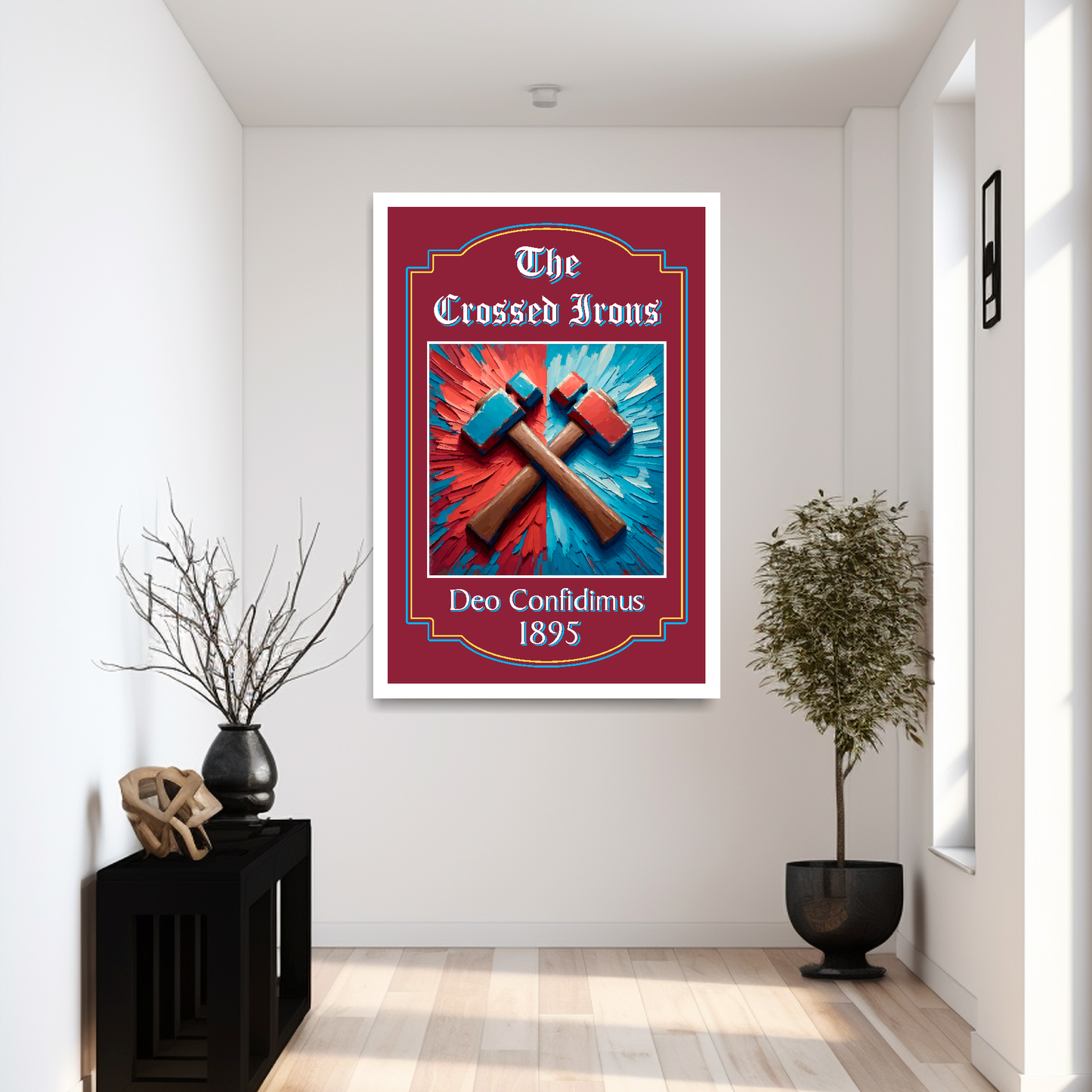 West Ham United extra large framed pub sign featuring crossed irons in a white wooden frame