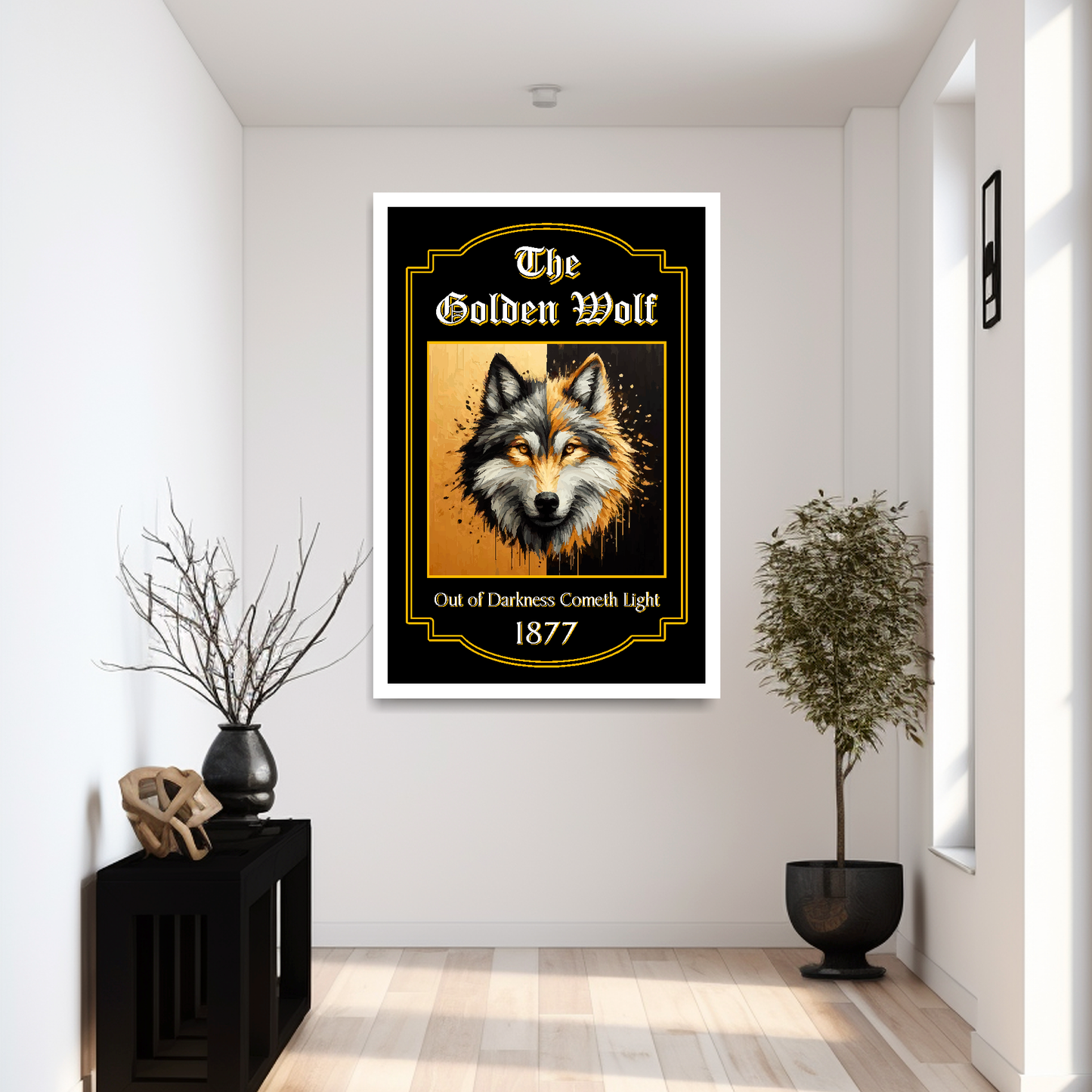 Wolves FC Large white framed artwork of a wolf with text in a modern interior setting