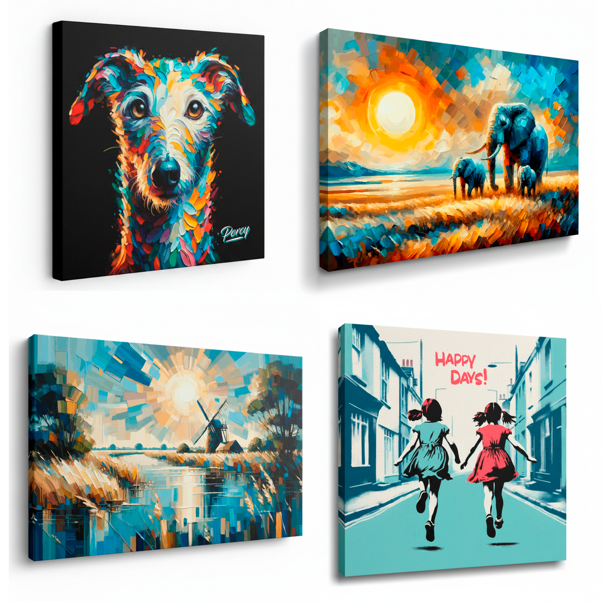Vividly Retro canvas collection, featuring for canvas ideas, dog portraits, African Elephant, Norfolk Broads and retro girls 'happy days'canvas