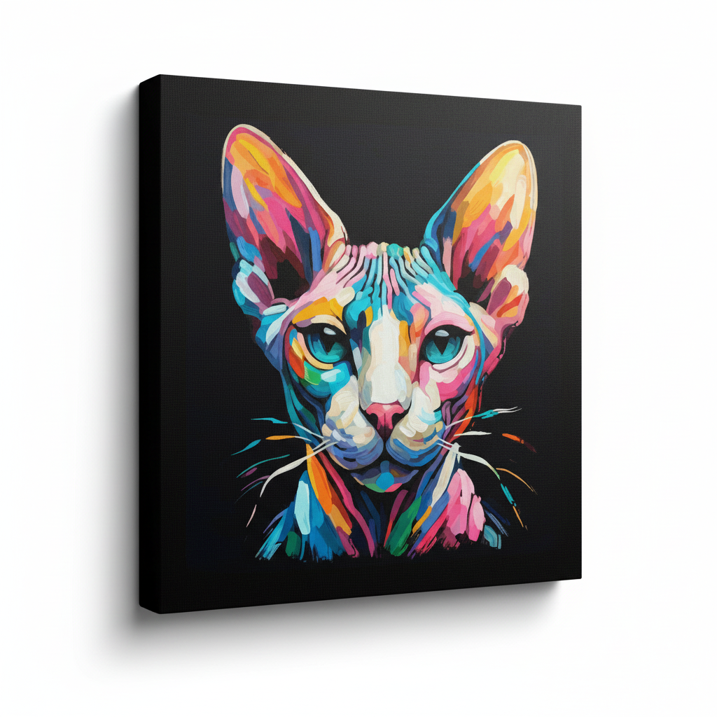 Colourful Sphynx cat portrait canvas print - UK made abstract pet wall art black background