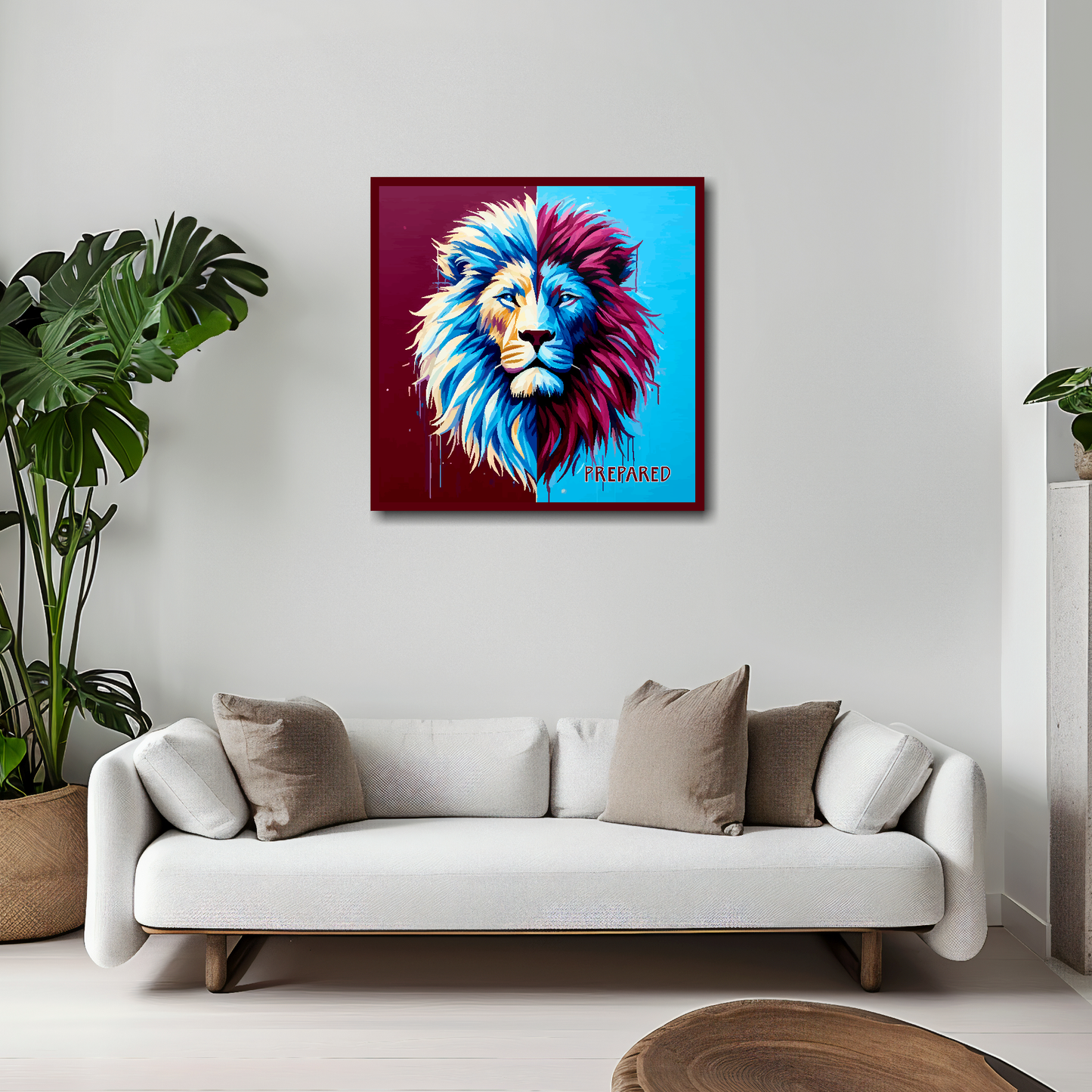 Aston Villa inspired canvas 20x20 inches above white sofa - vibrant UK football wall art