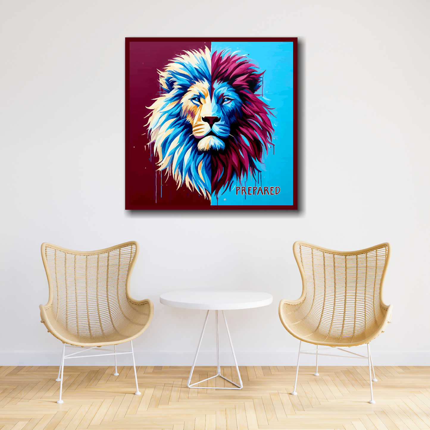 Large Aston Villa inspired canvas above two chairs - vibrant abstract UK football wall art