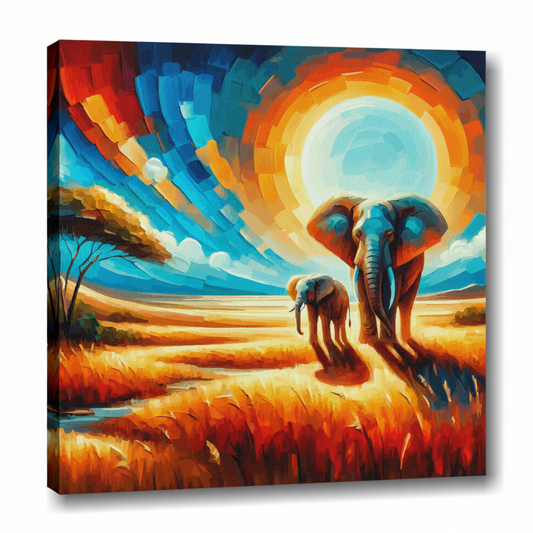Colourful elephant abstract landscape canvas print - UK made abstract wildlife wall art