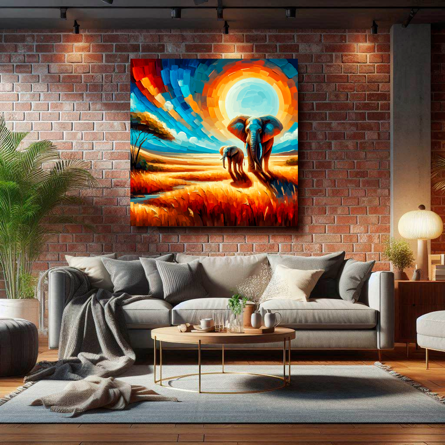 Large elephant abstract canvas on brick wall above grey sofa - bold wildlife art UK living room