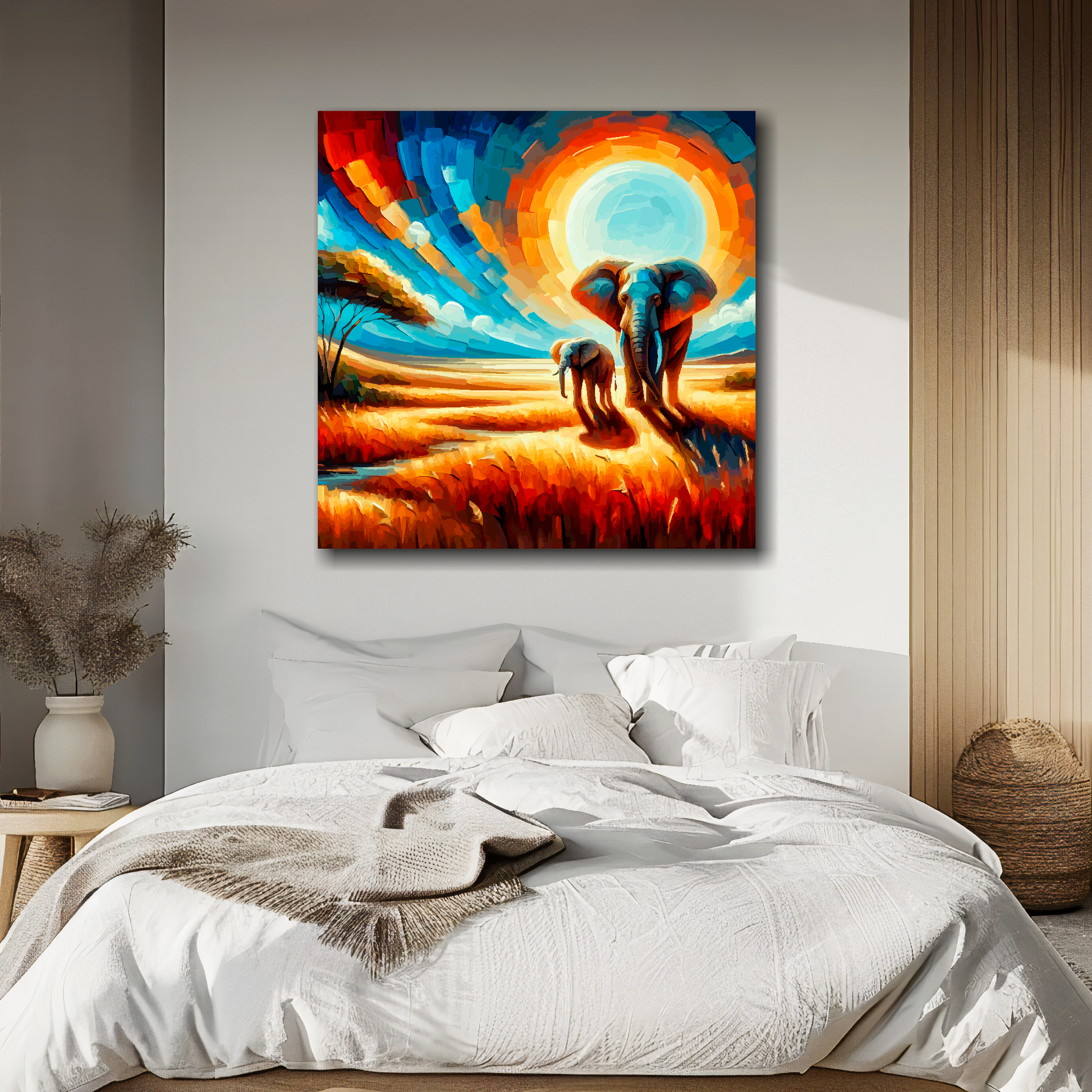 Elephant abstract canvas above bed - colourful wildlife wall decor for UK bedrooms