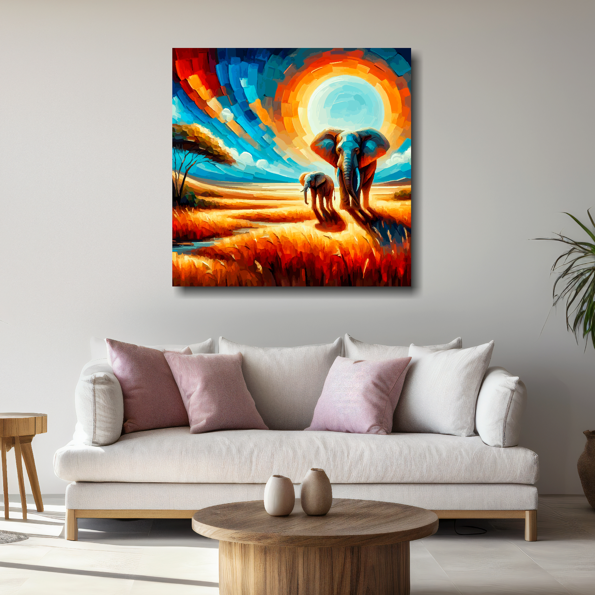 Large elephant abstract canvas above white sofa - vibrant abstract wildlife wall art UK