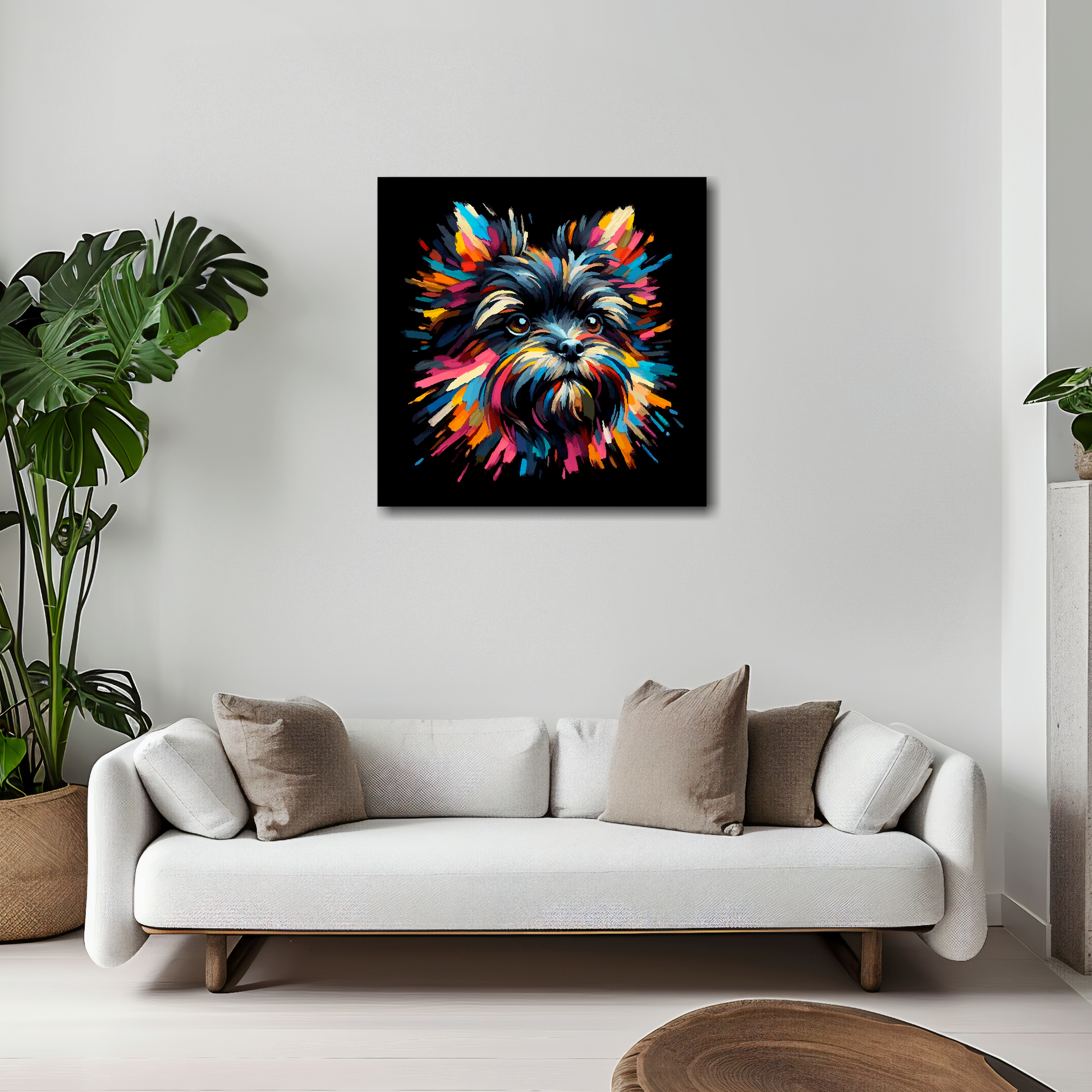 Affenpinscher canvas 20x20 inches above white sofa - vibrant dog portrait wall art UK