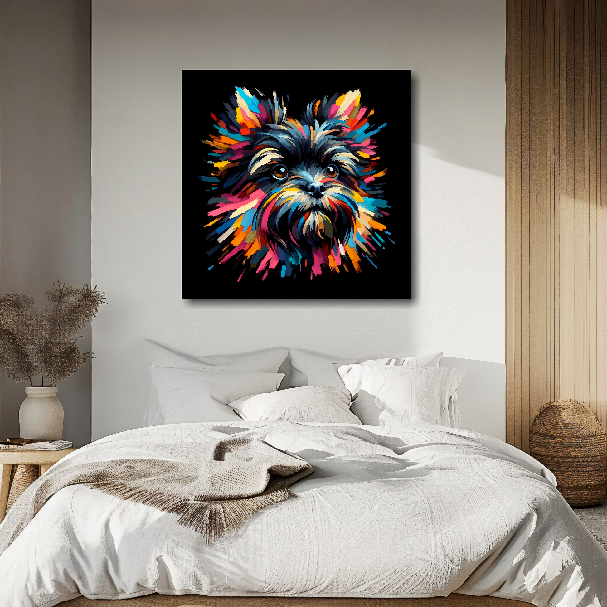 Affenpinscher portrait canvas above bed - colourful dog wall decor for UK bedrooms