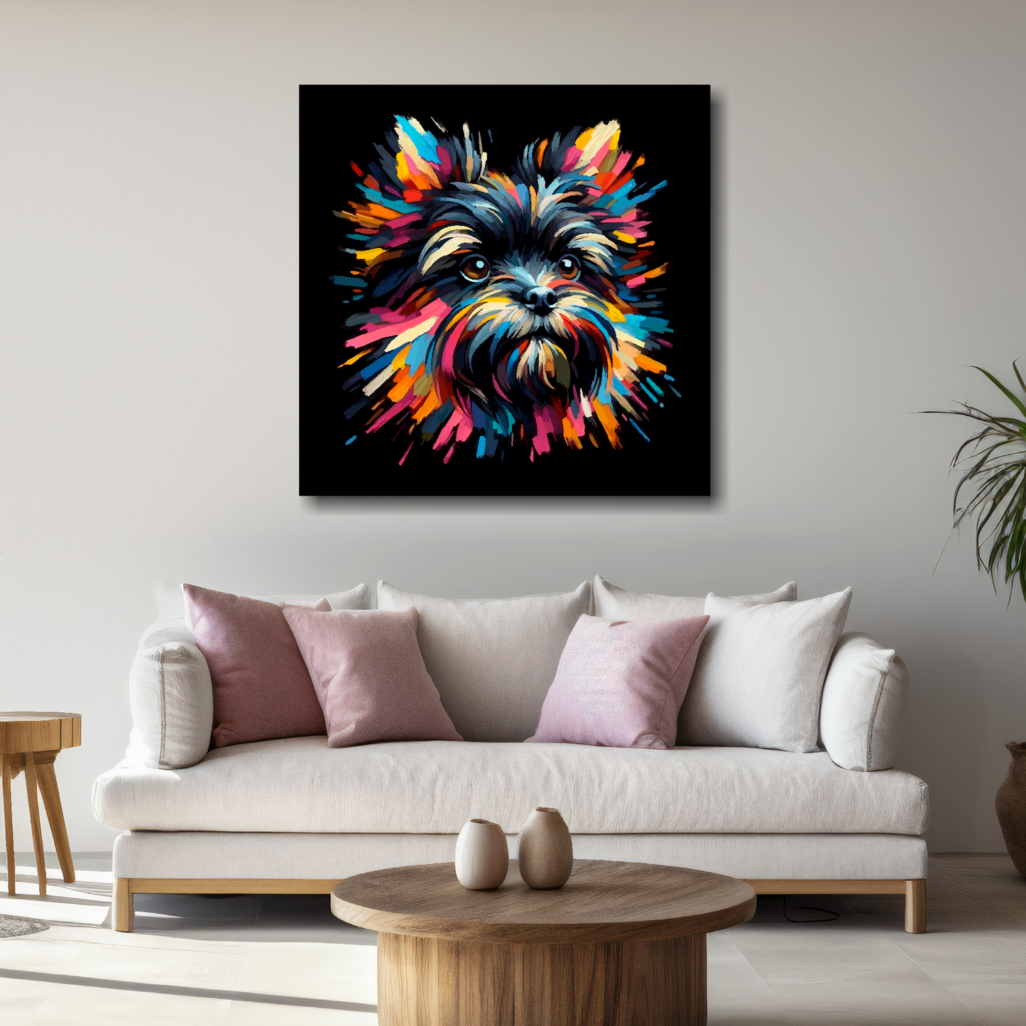 Large Affenpinscher canvas above white sofa - vibrant abstract dog portrait wall art UK