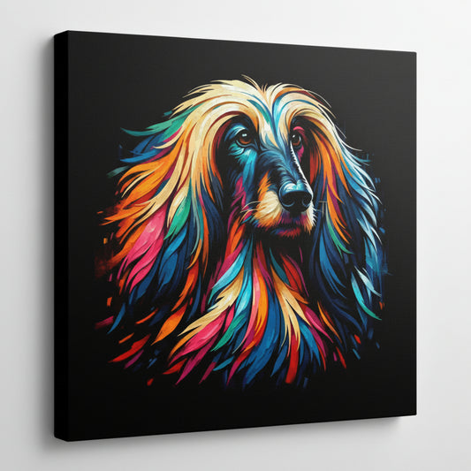 Colourful Afghan Hound dog portrait canvas print - UK made abstract pet wall art black background