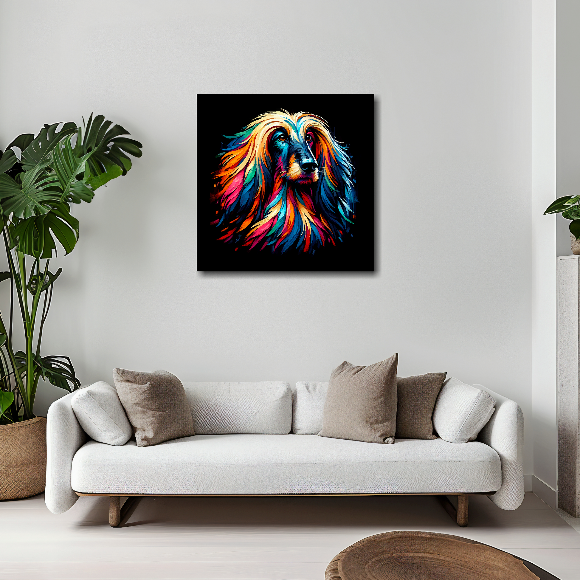 Afghan Hound canvas 20x20 inches above white sofa - vibrant dog portrait wall art UK