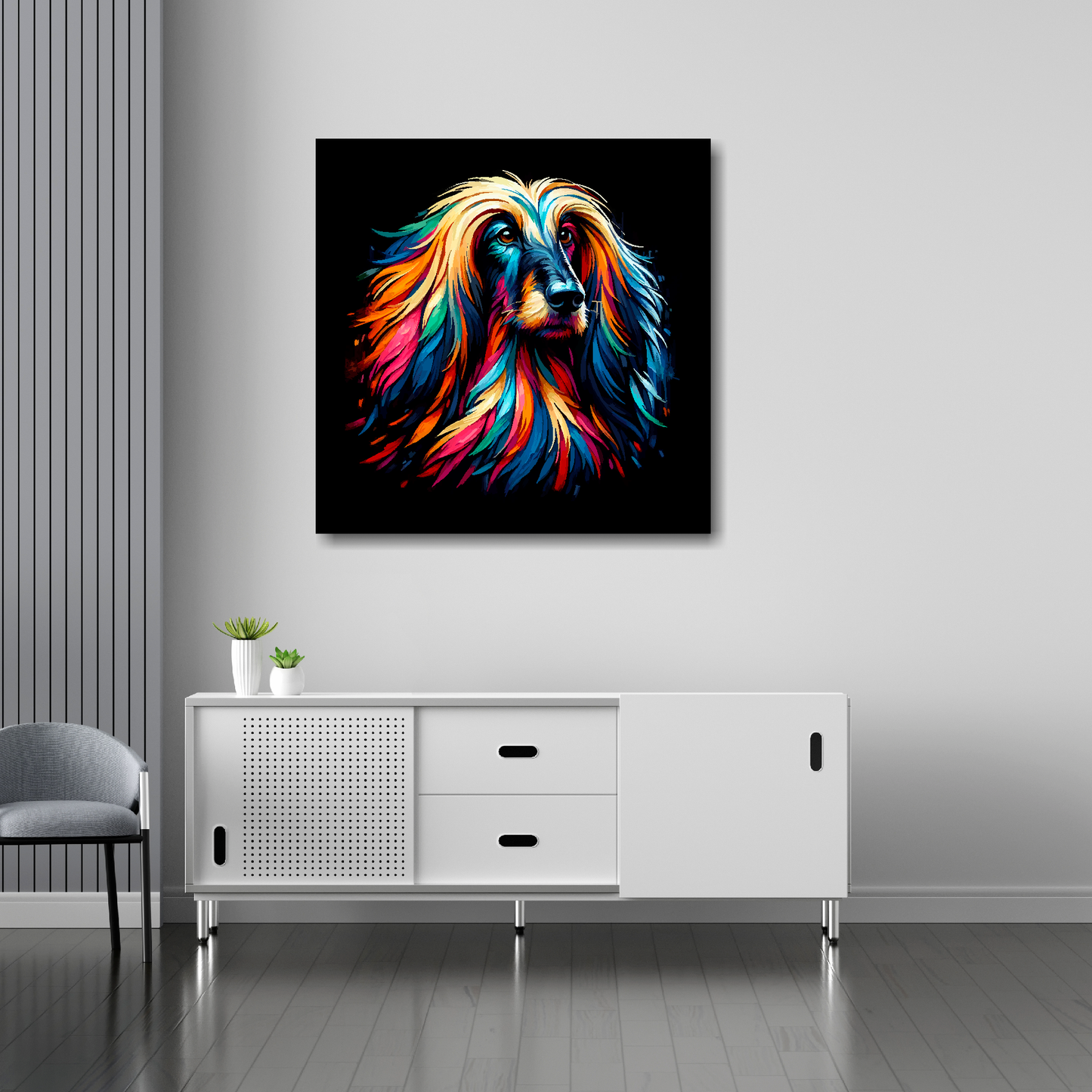 Afghan Hound canvas 30x30 inches above sideboard - large colourful dog portrait UK made