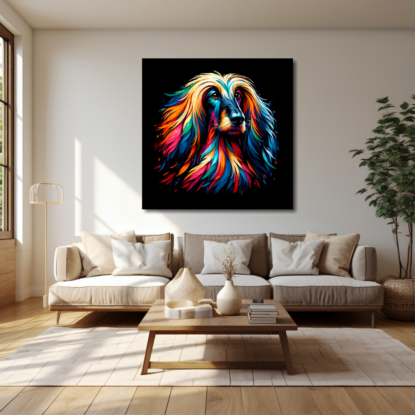 Afghan Hound canvas 40x40 inches above cream sofa - XL vibrant dog wall art UK