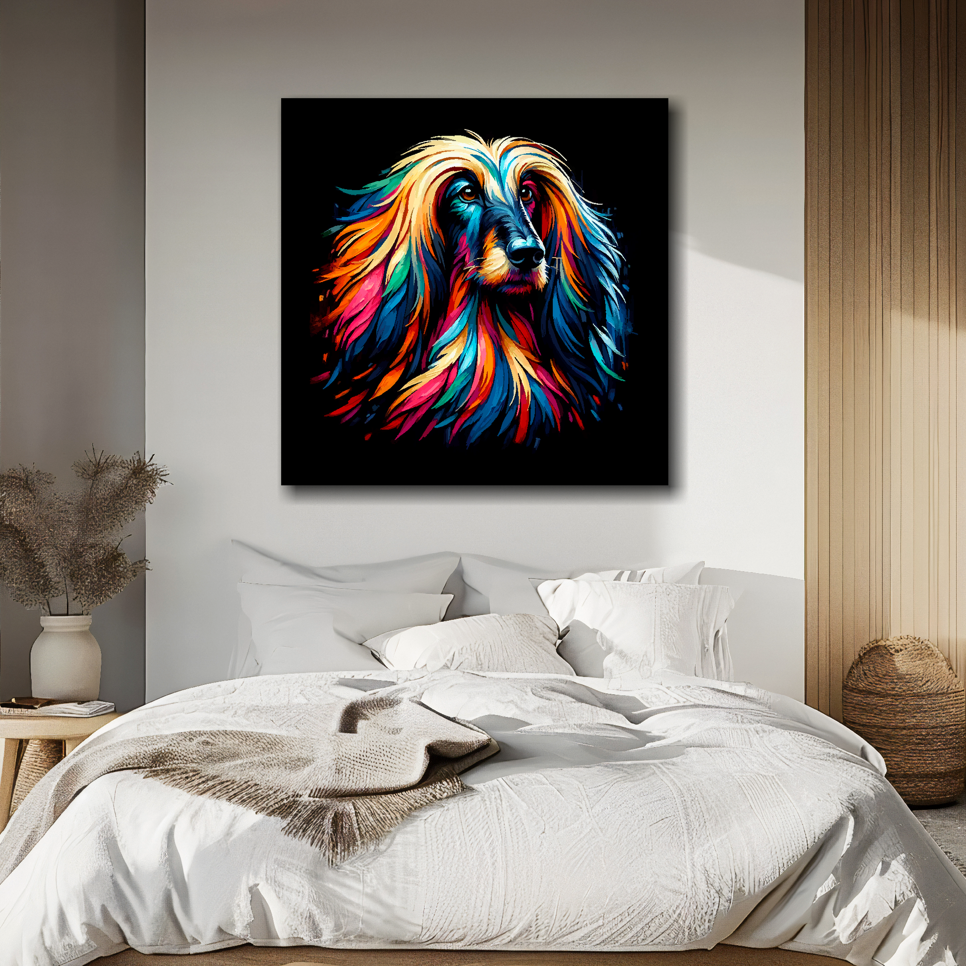 Afghan Hound portrait canvas above bed - colourful dog wall decor for UK bedrooms