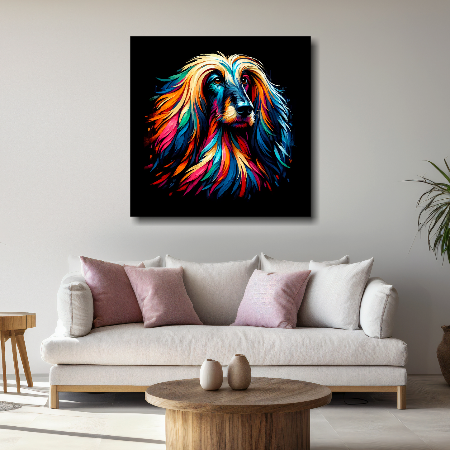Large Afghan Hound canvas above white sofa - vibrant abstract dog portrait wall art UK