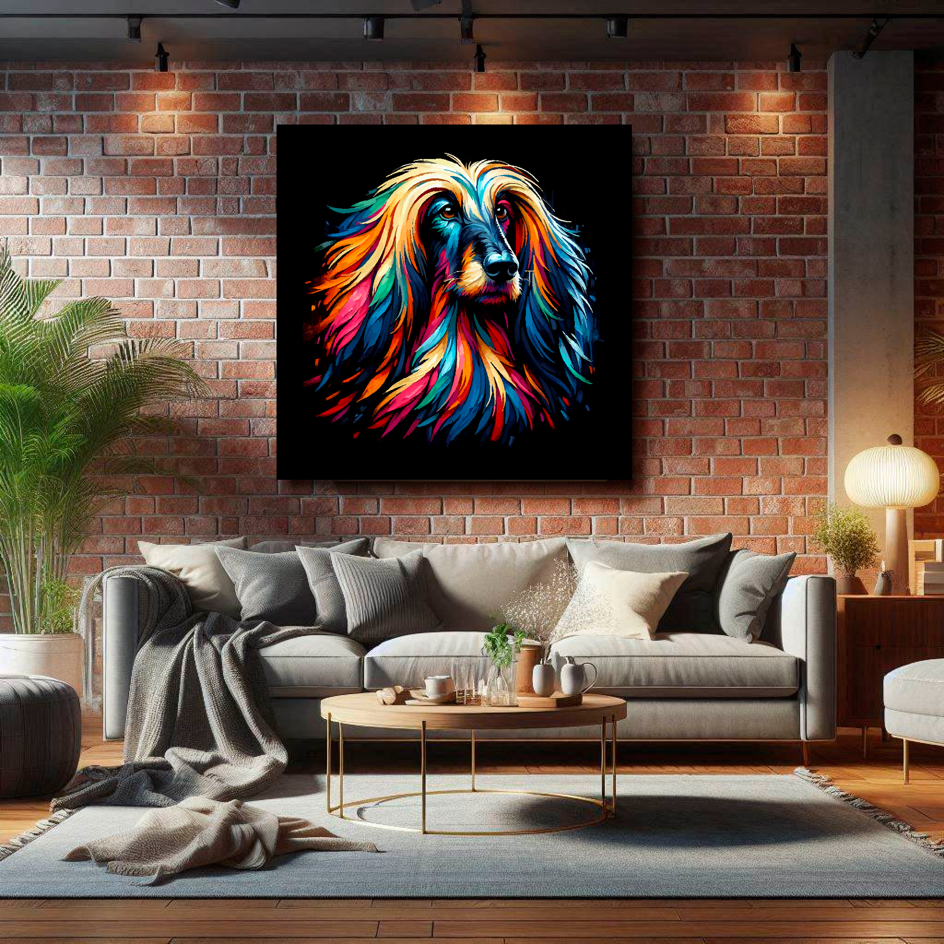 Large Afghan Hound canvas on brick wall above grey sofa - bold dog portrait UK living room