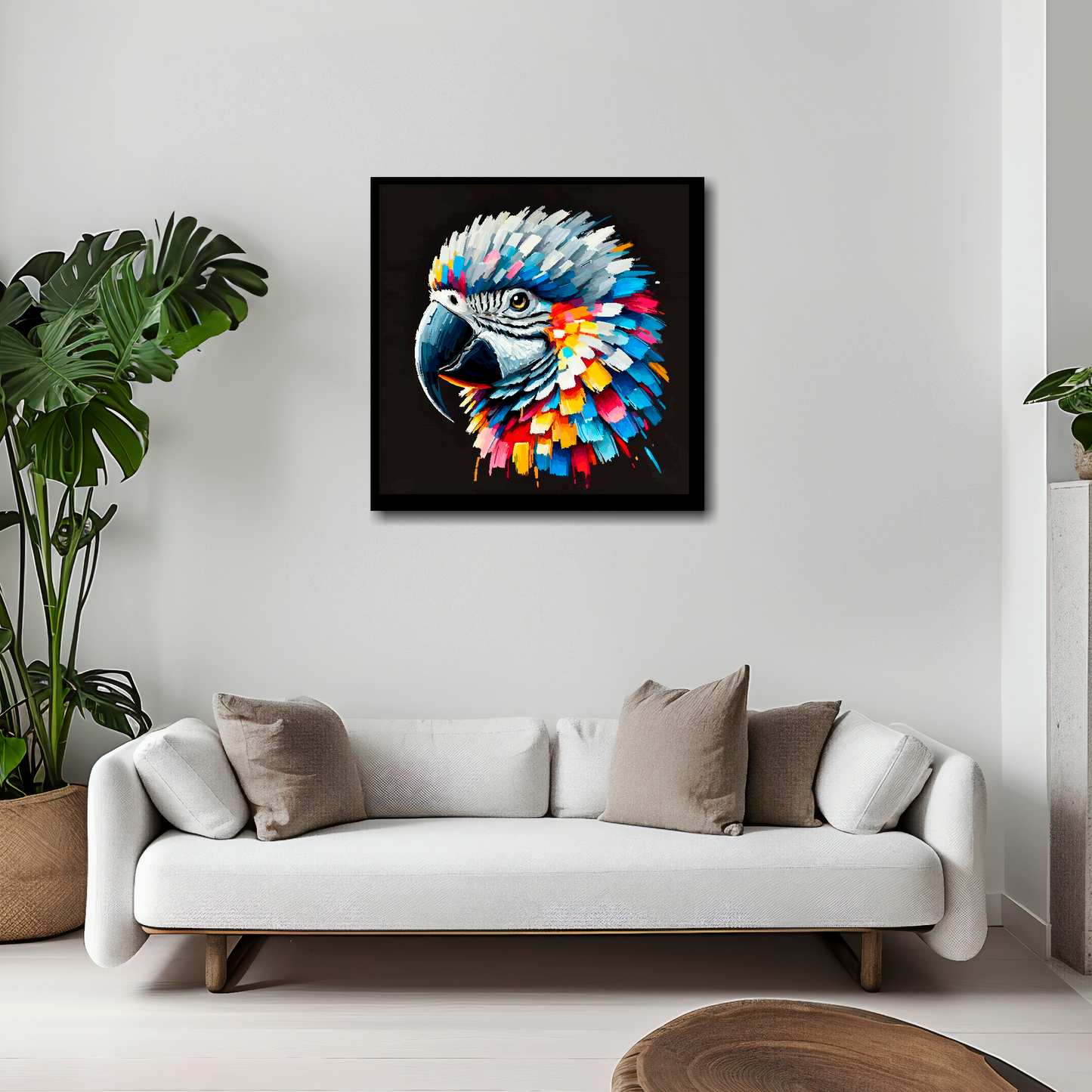 African Grey Parrot canvas 20x20 inches above white sofa - vibrant bird portrait wall art UK