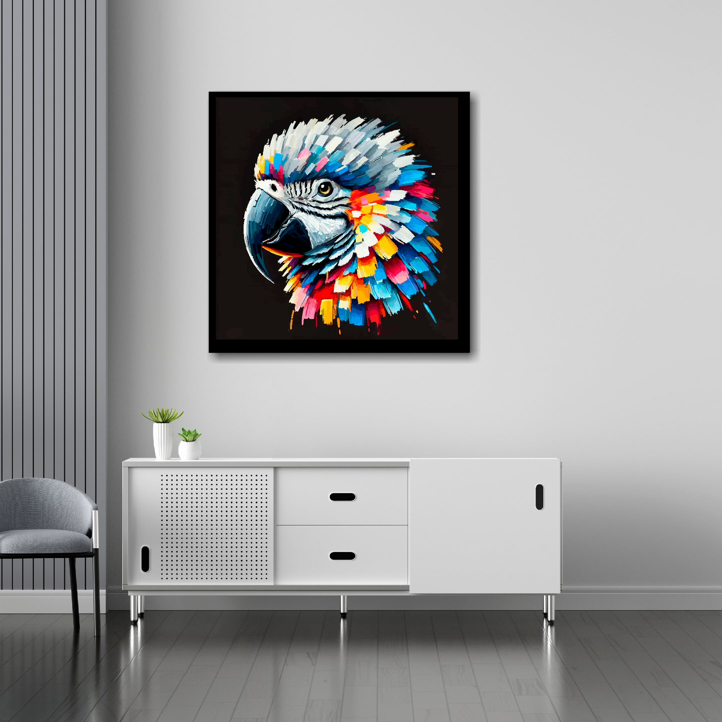 African Grey Parrot canvas 30x30 inches above sideboard - large colourful bird portrait UK made