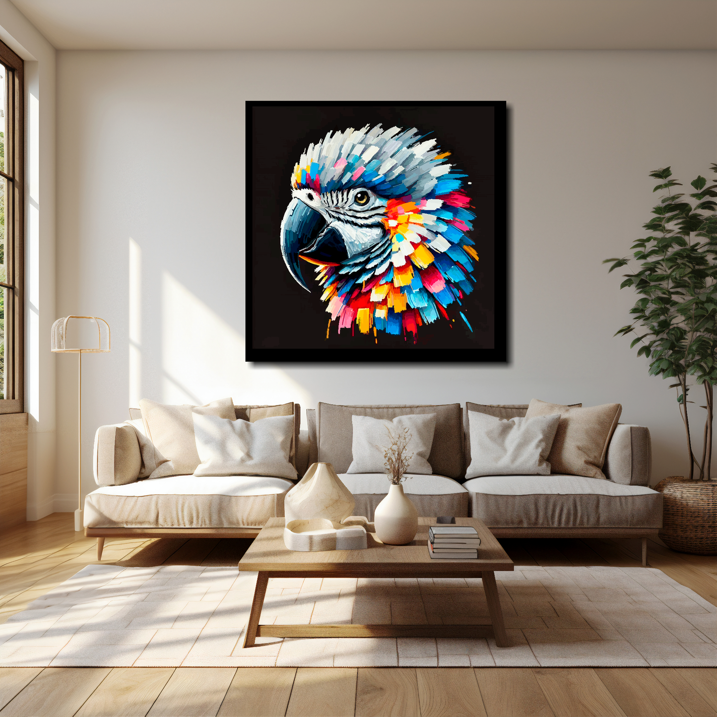 African Grey Parrot canvas 40x40 inches above cream sofa - XL vibrant bird wall art UK