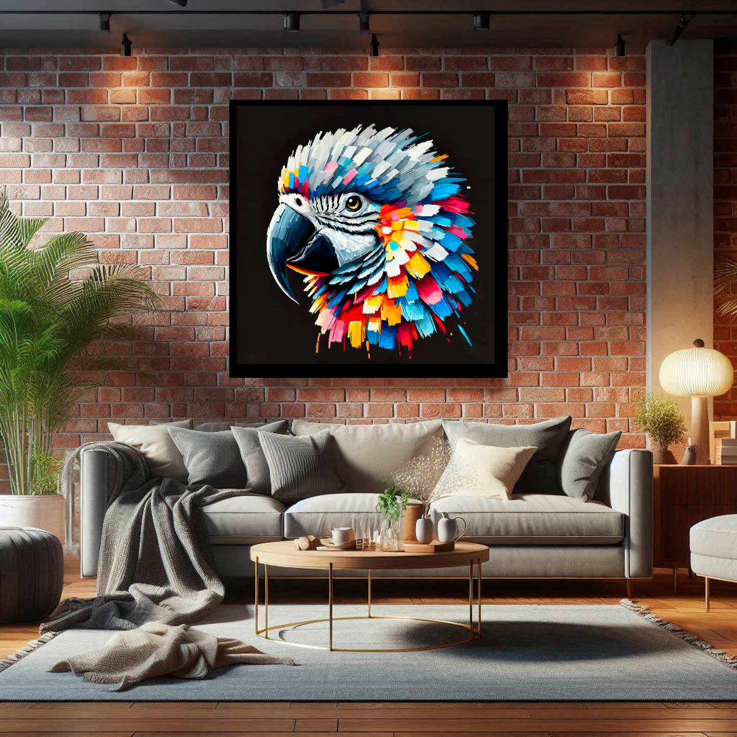 Large African Grey Parrot canvas on brick wall above grey sofa - bold bird portrait UK living room