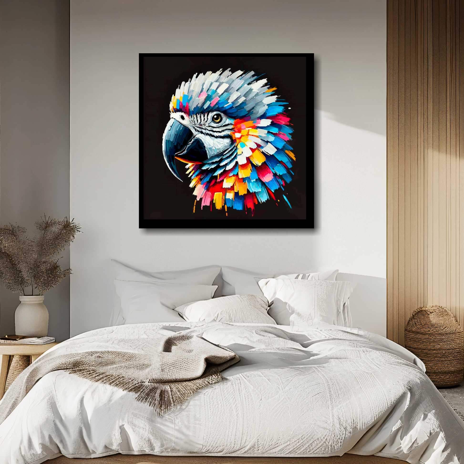 African Grey Parrot portrait canvas above bed - colourful bird wall decor for UK bedrooms