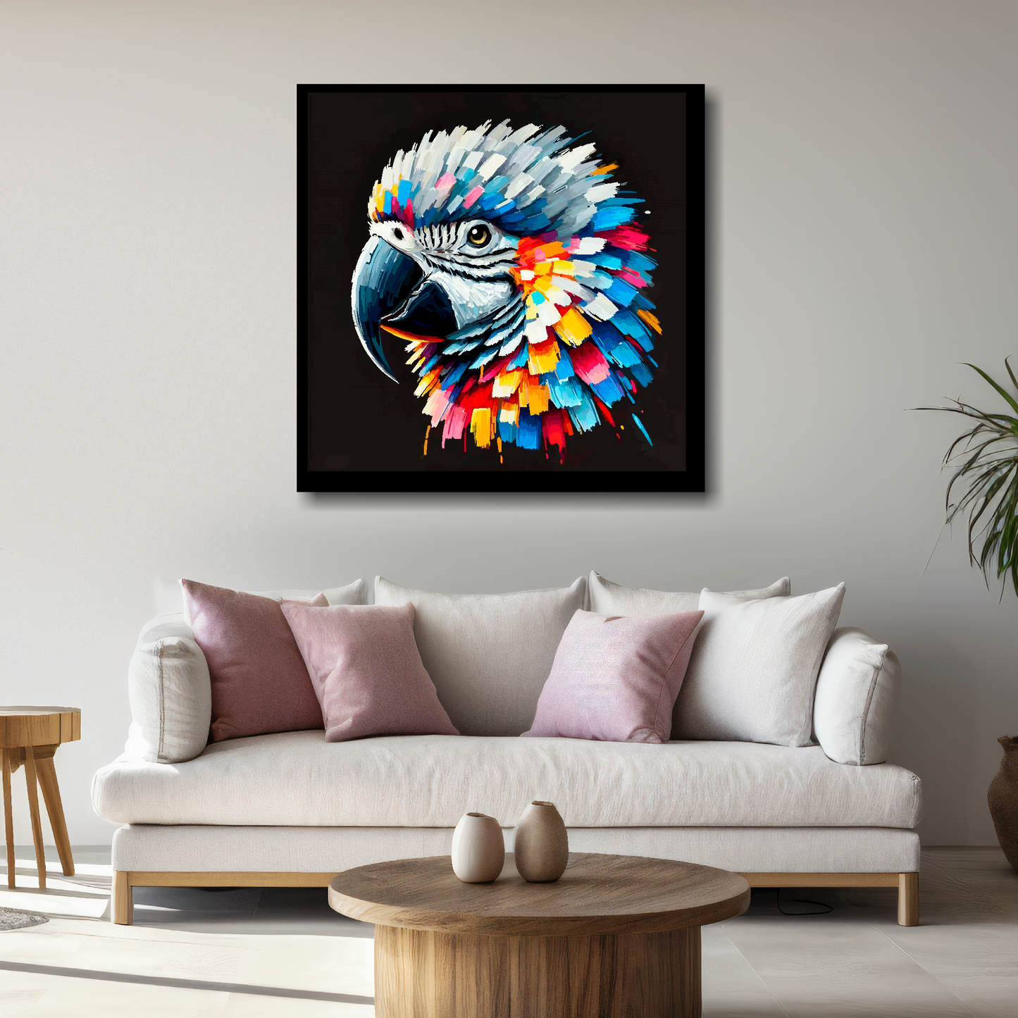 Large African Grey Parrot canvas above white sofa - vibrant abstract bird portrait wall art UK