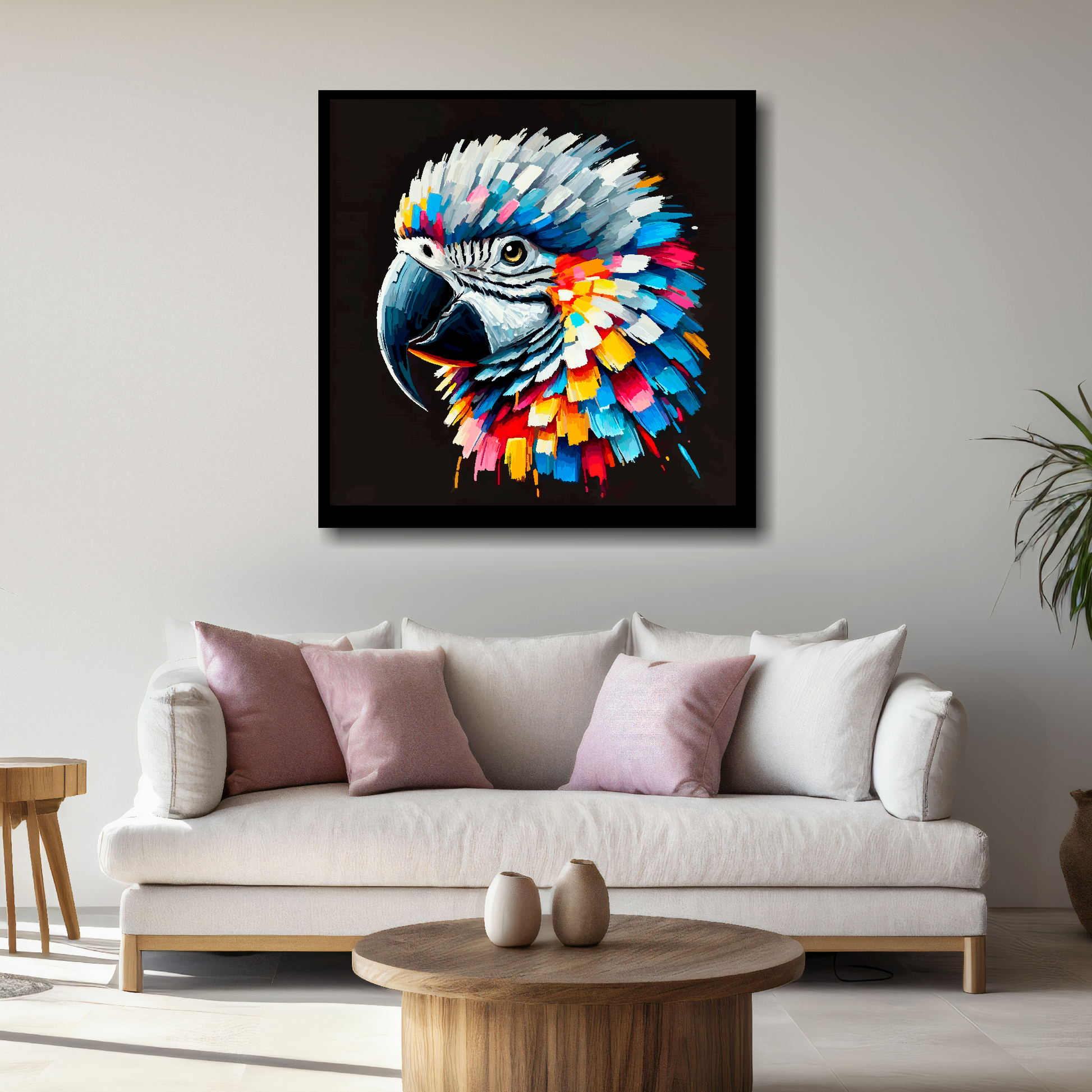 Large African Grey Parrot canvas above white sofa - vibrant abstract bird portrait wall art UK