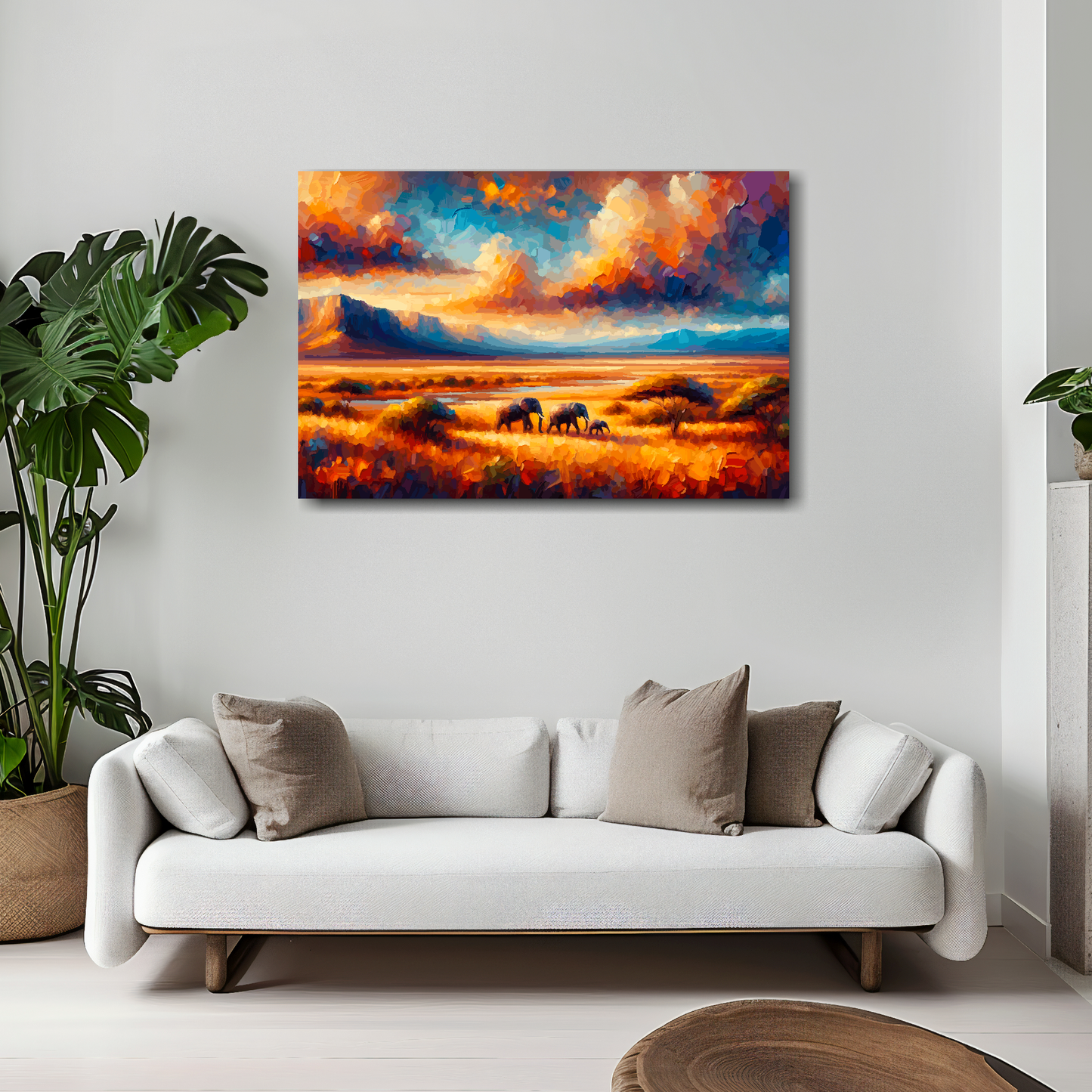 African plains canvas 30x20 inches above white sofa - vibrant landscape wall art UK