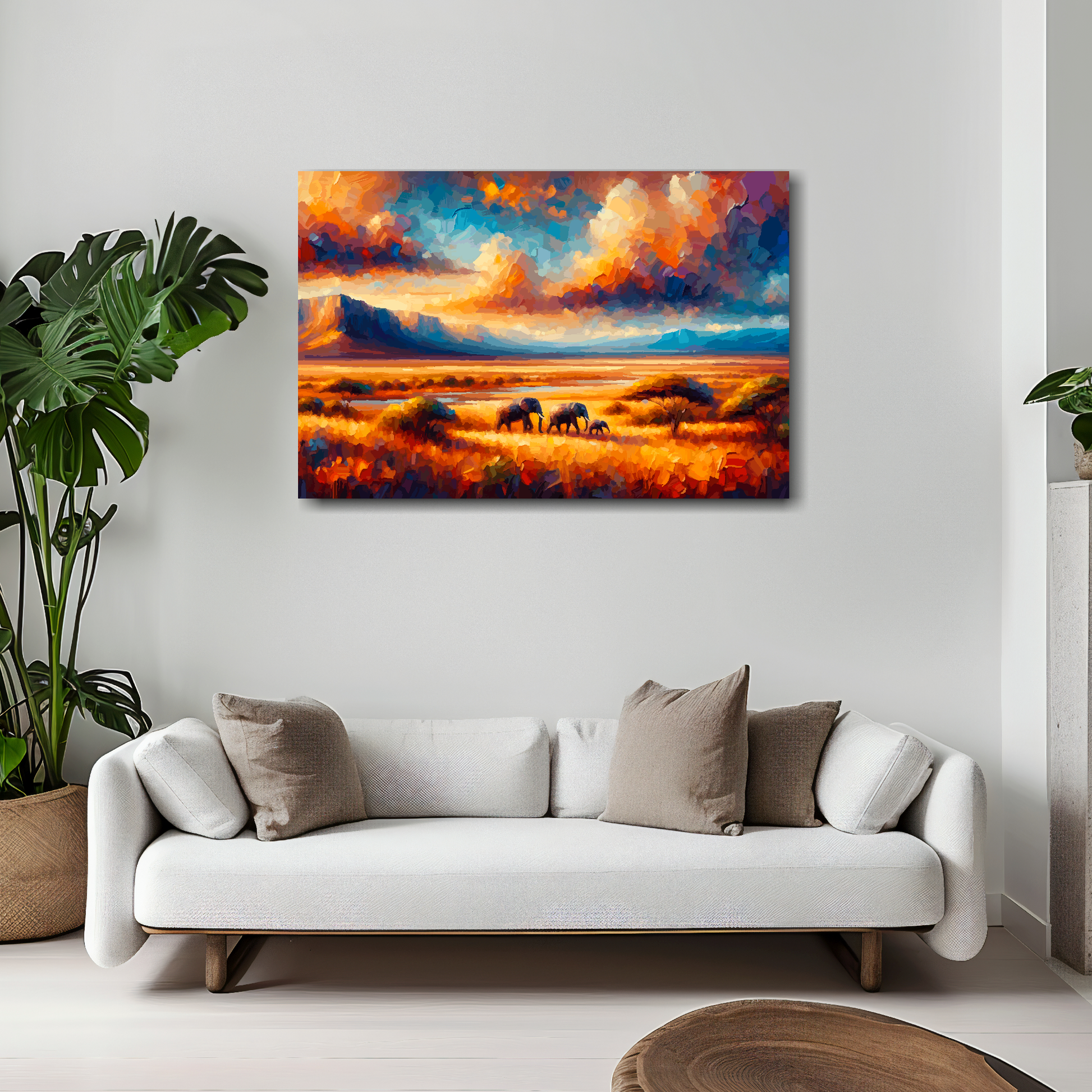 African plains canvas 30x20 inches above white sofa - vibrant landscape wall art UK
