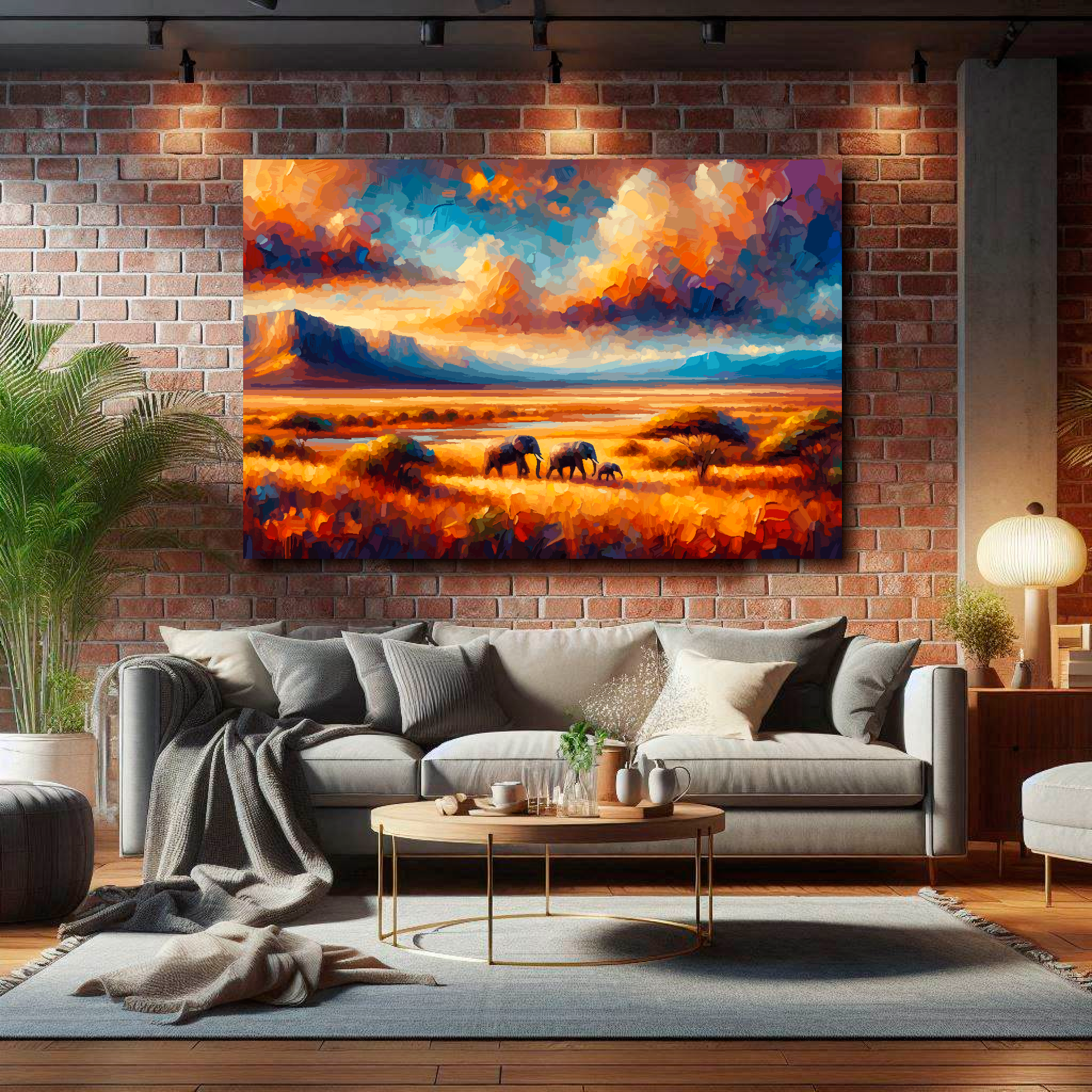 Large African plains canvas on brick wall above grey sofa - bold landscape art UK living room