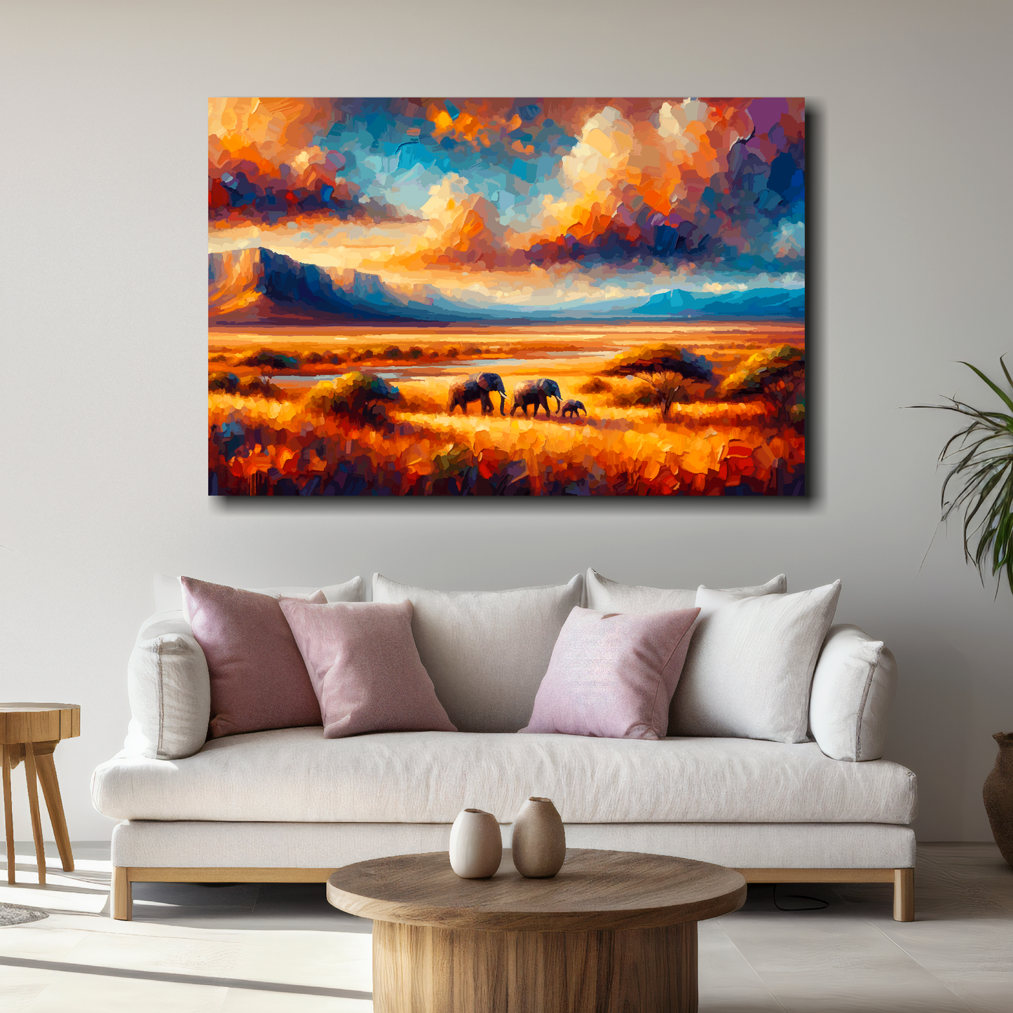 Large African plains canvas above white sofa - vibrant abstract landscape wall art UK