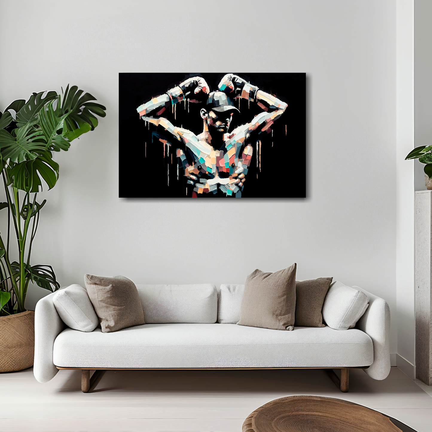 After the battle canvas 30x20 inches above white sofa - vibrant sports wall art UK