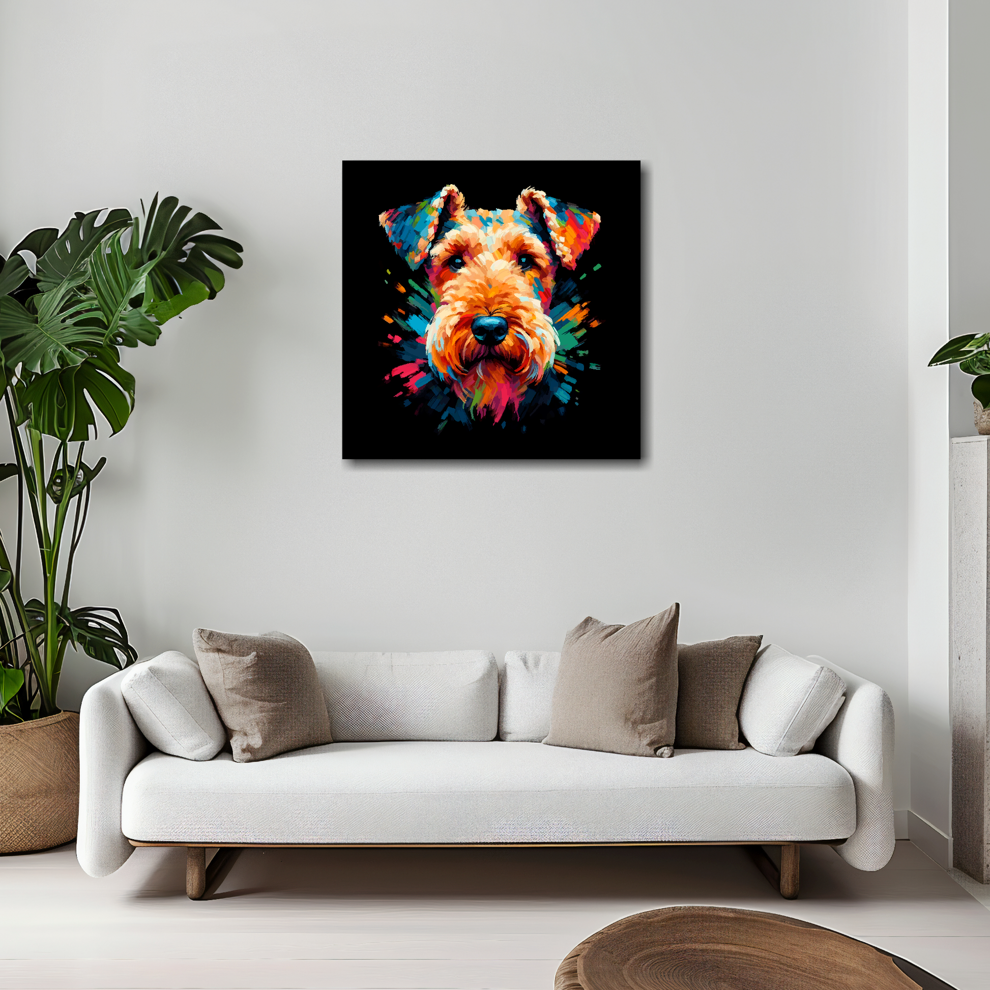 Airedale Terrier canvas 20x20 inches above white sofa - vibrant dog portrait UK