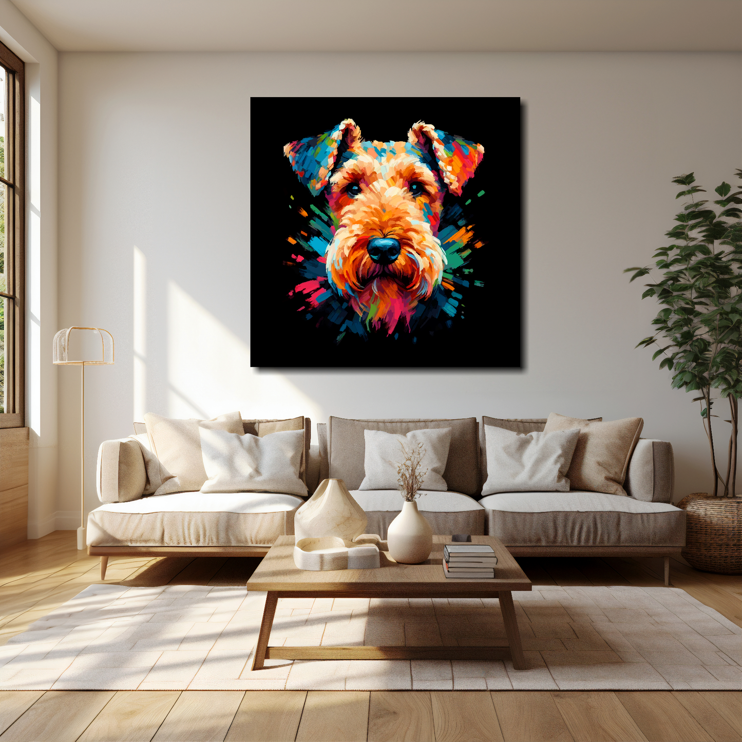 Airedale Terrier canvas 40x40 inches above cream sofa - XL dog wall art UK