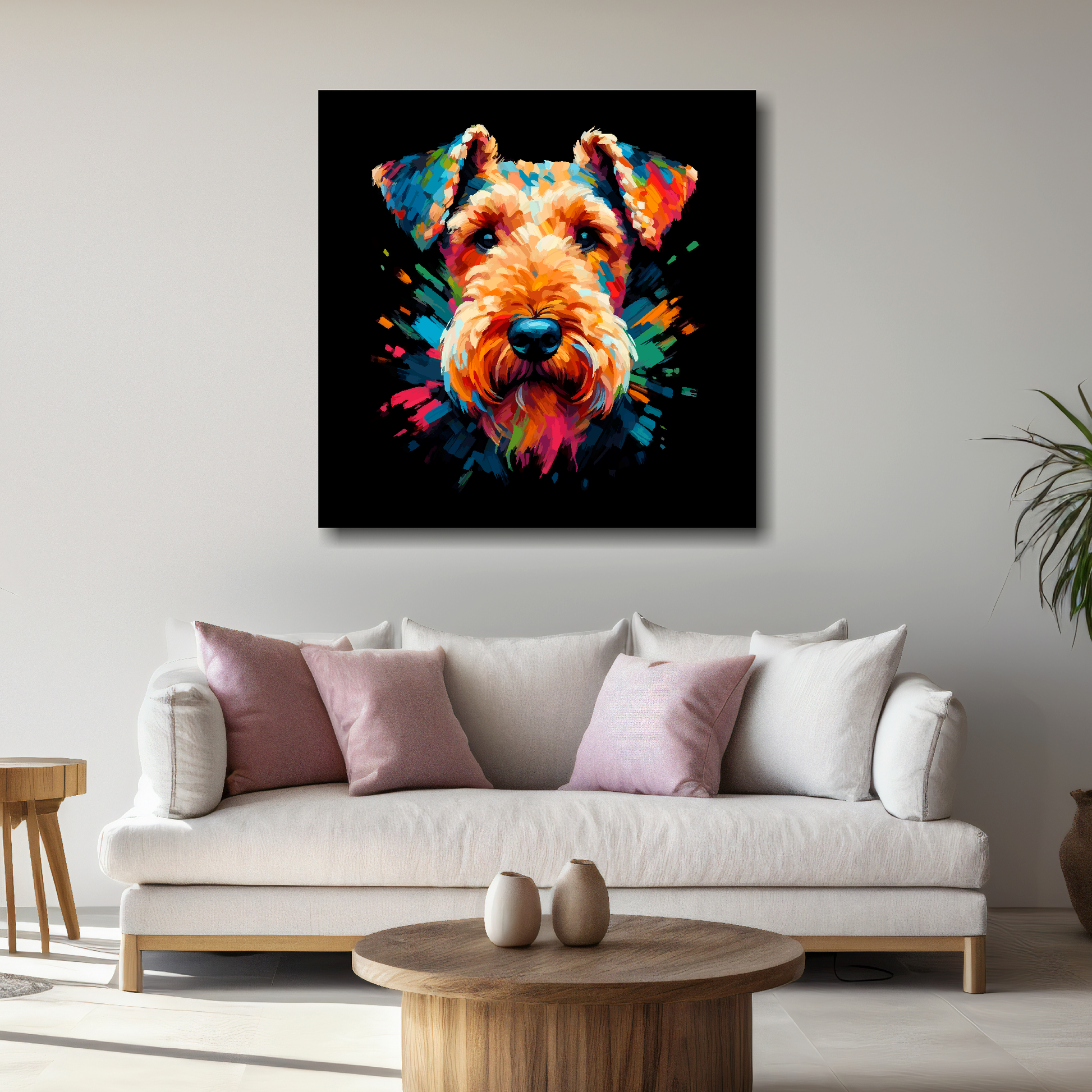 Large Airedale Terrier portrait canvas - colourful dog wall decor UK