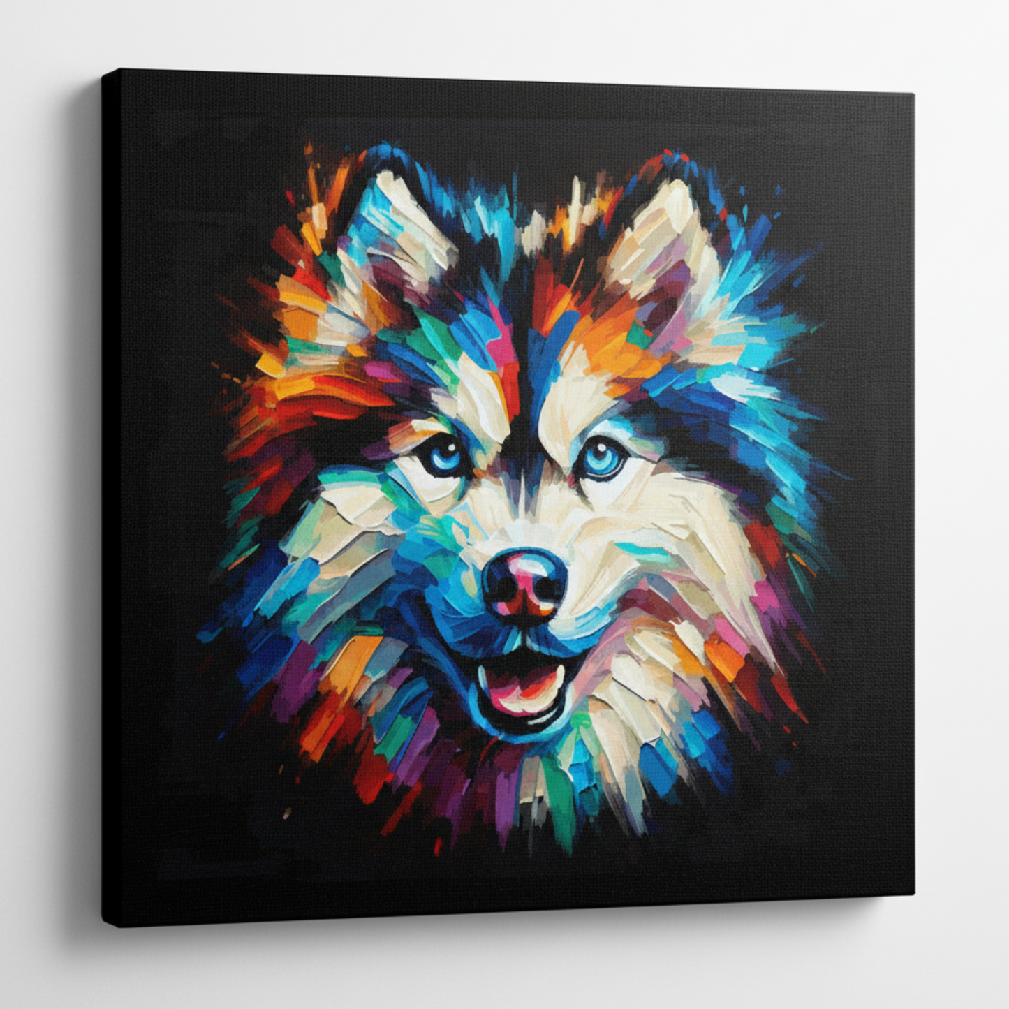 Colourful Alaskan Husky dog portrait canvas print - UK made abstract pet wall art black background