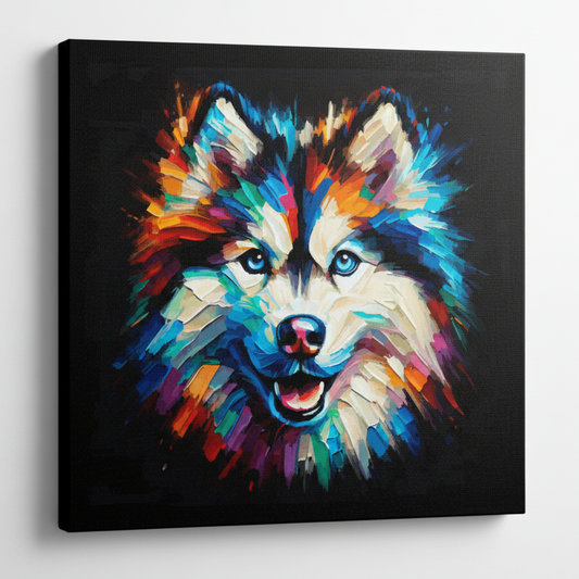 Colourful Alaskan Husky dog portrait canvas print - UK made abstract pet wall art black background